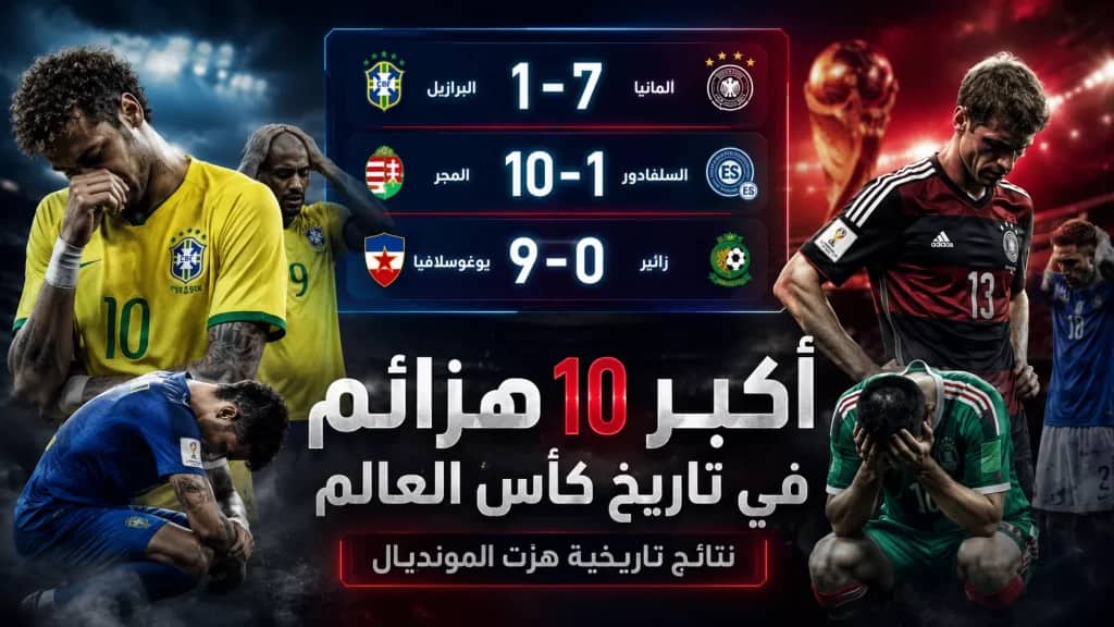 أكبر هزائم كأس العالم - أكبر 10 هزائم في تاريخ كأس العالم: البرازيل 1-7 ألمانيا في الصدارة